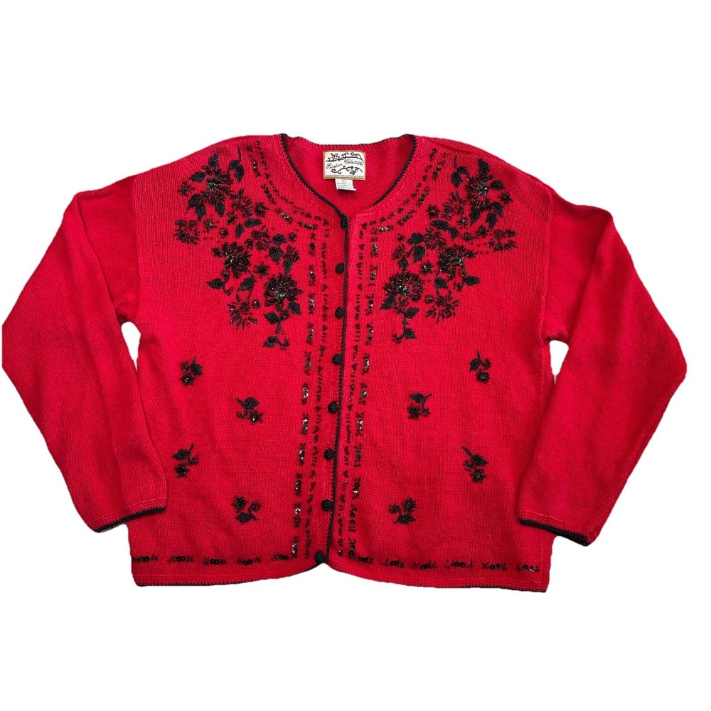 Vintage Y2K Heirloom Collectibles Beaded Cardigan Red Floral Womens L Cottage